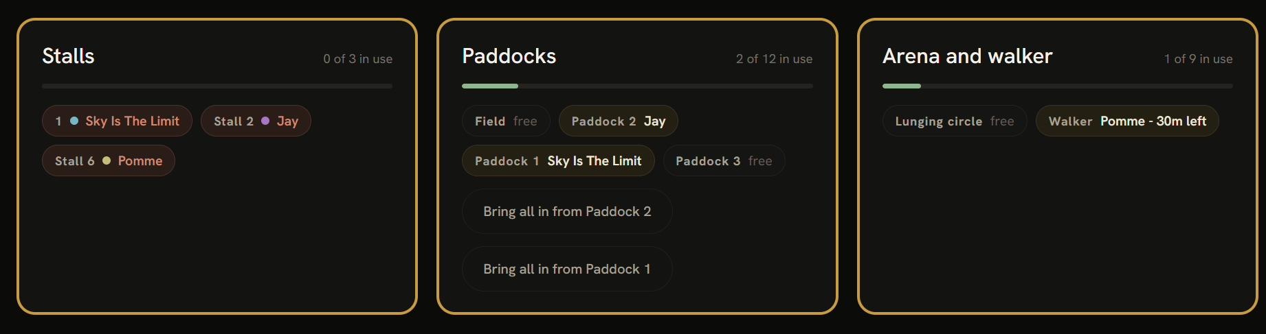 Stalls, paddocks, arena and walker overview